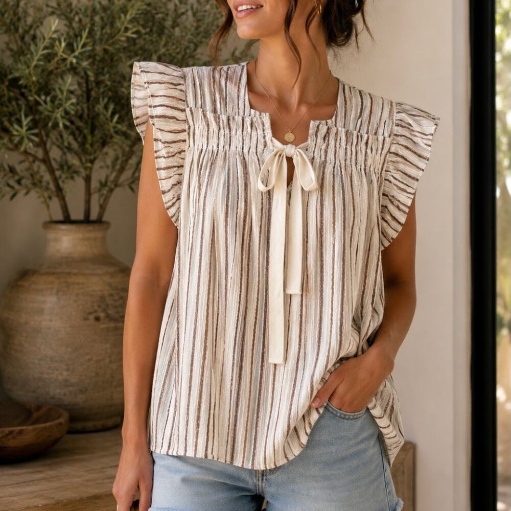 Ulla Johnson Ivory Metallic Stripe Blouse Lurex Ruffle Flutter Sleeve Size 6